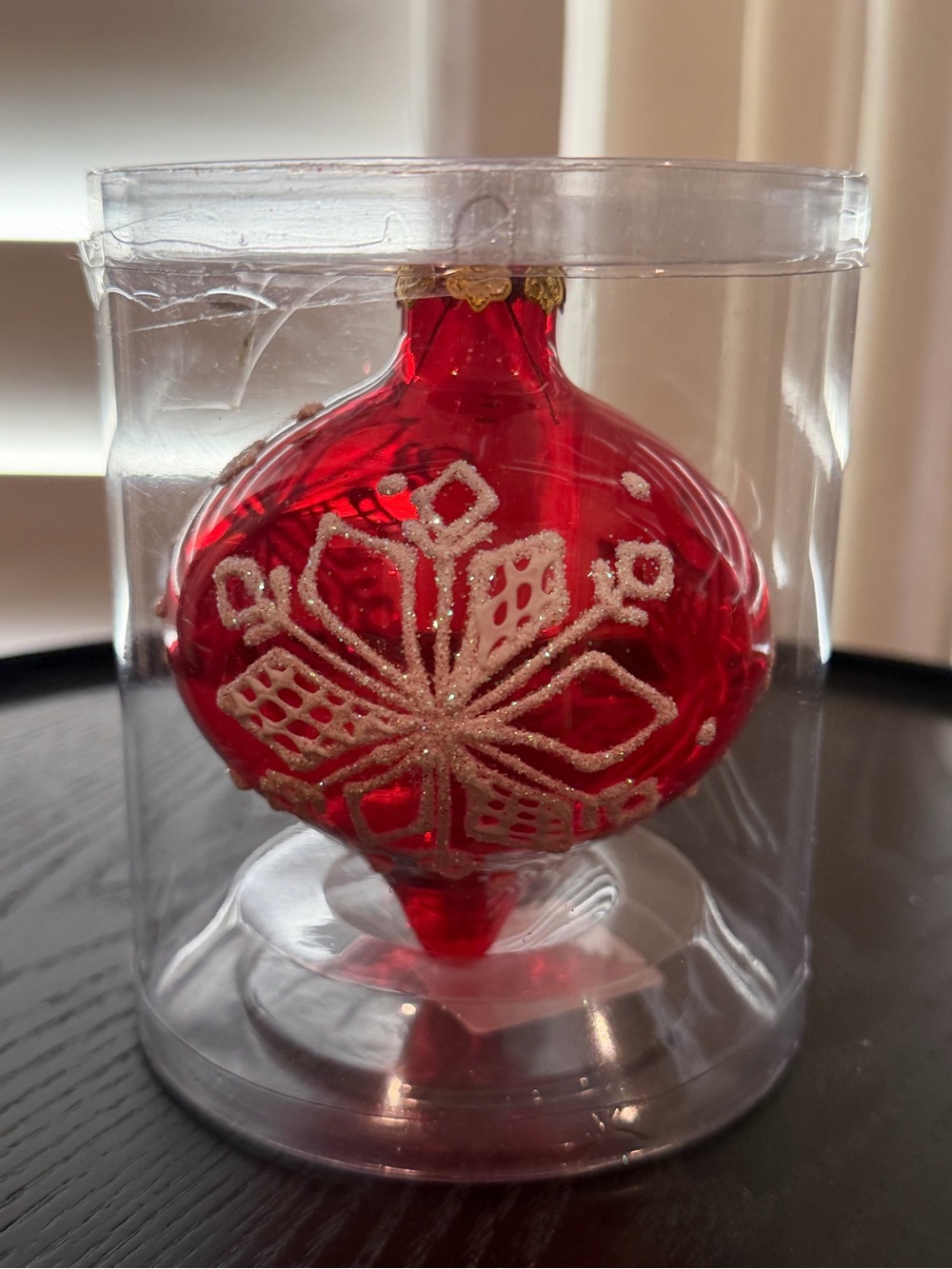 Holiday Red Glass Ornament with Glitter Snowflake - Unbranded